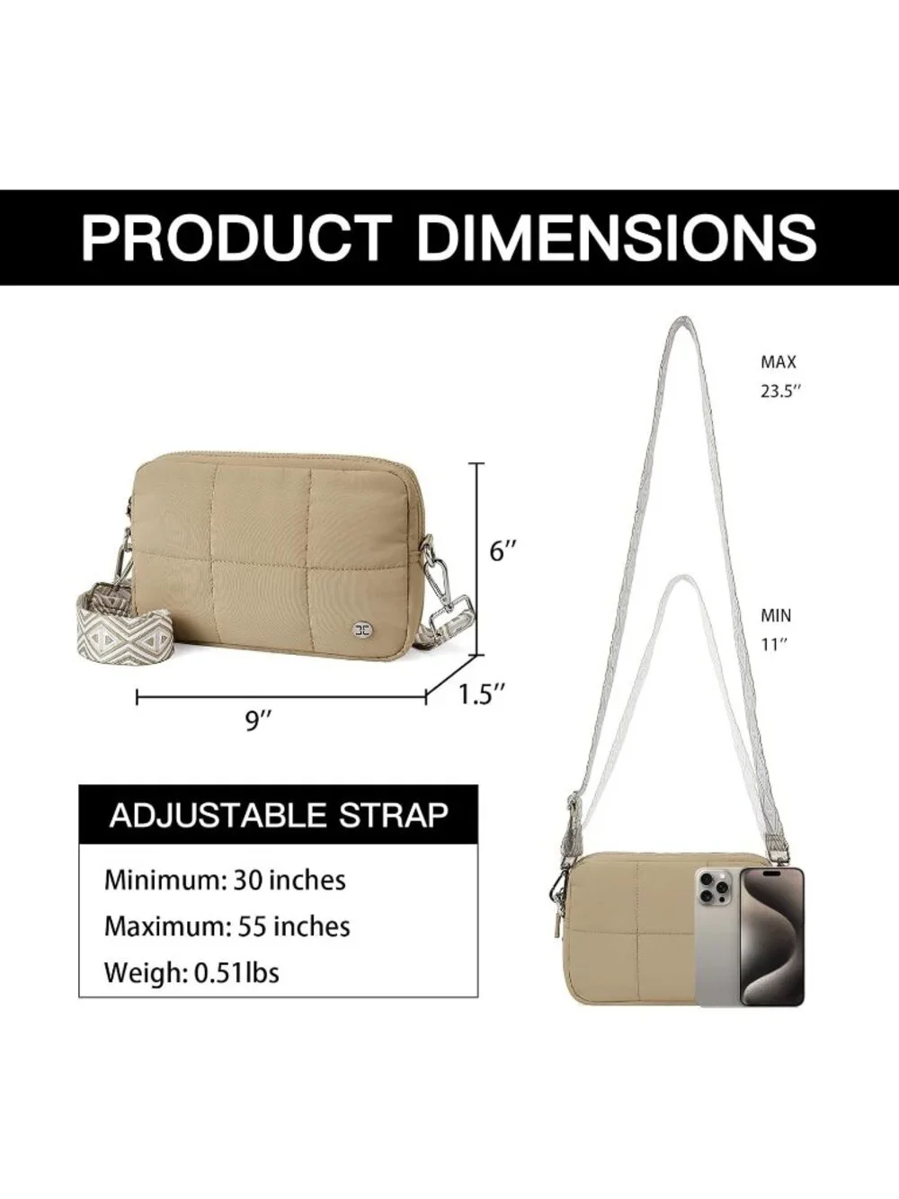 Women's Khaki Crossbody Purse with Guitar Strap Lightweight Puffer Shoulder Bag
